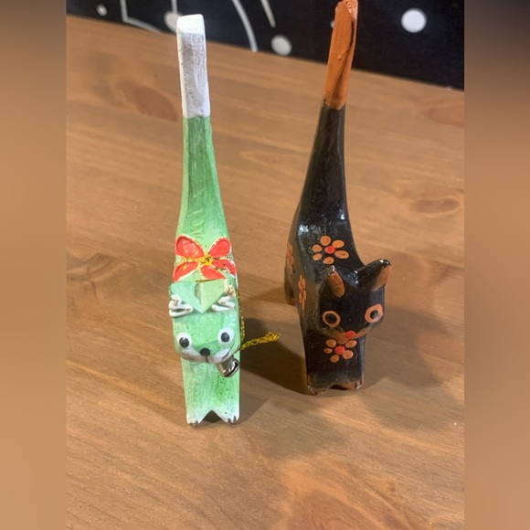 Handpainted Cat Ring Figurines Wood Long Tall Kitties Mexico Set Lot 2 NWT - Picture 8 of 16